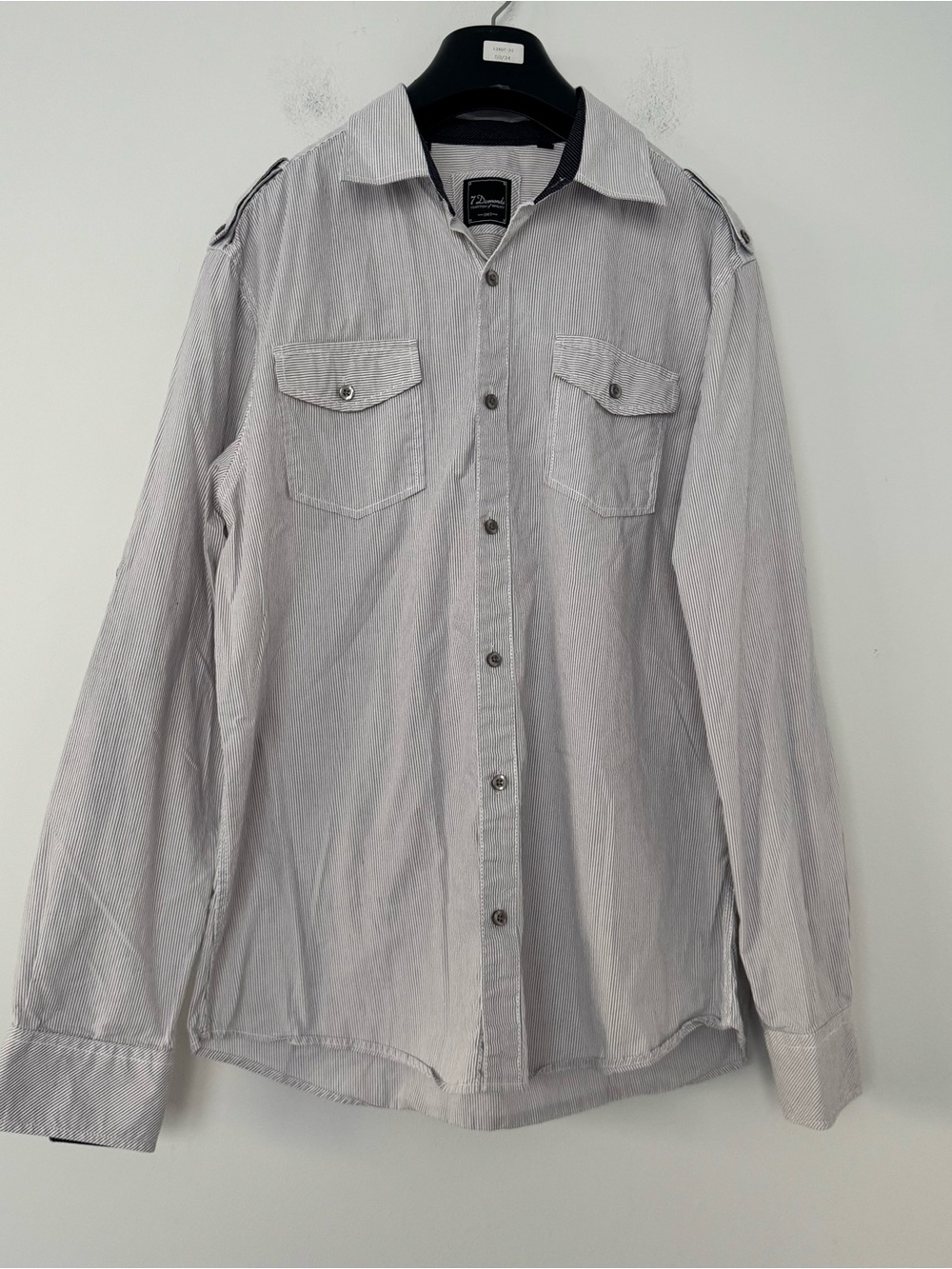 7 Diamonds Button Down Shirt L Gray Striped Long Sleeve Cotton Western Military